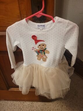 Blueberi Boulevard White & Gold Tulle Gingerbread Dress/Onesie